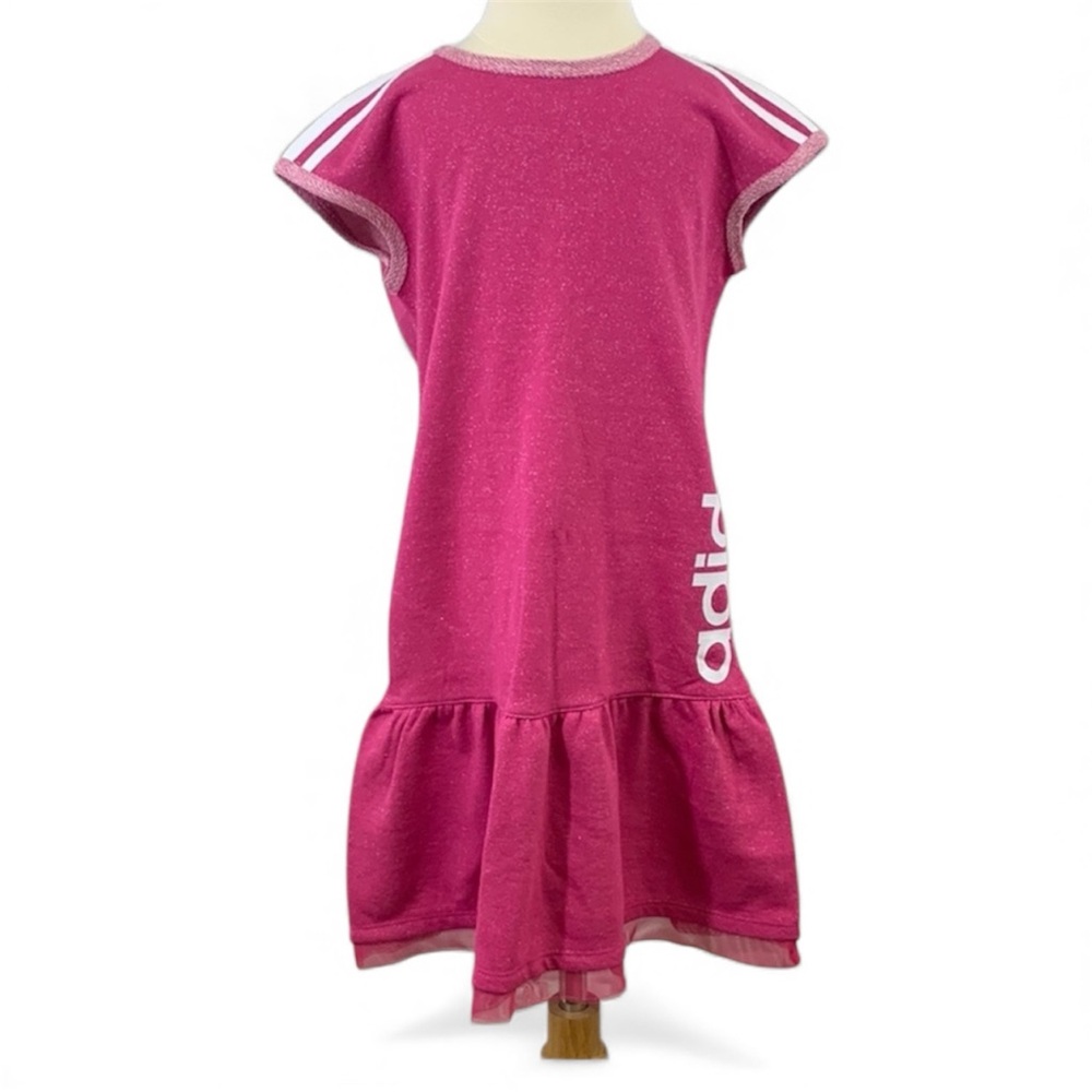 Adidas Girls Pink Sparkle Dress Size 7T | Athletic Tennis Ruffle Hem Logo Dress